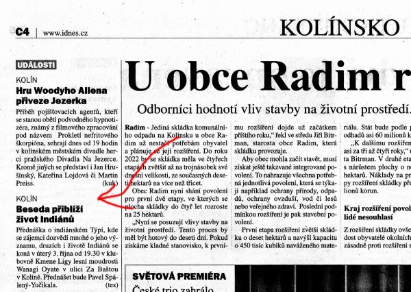 ústrøižek z novin MF Dnes ze dne 29.9.2006